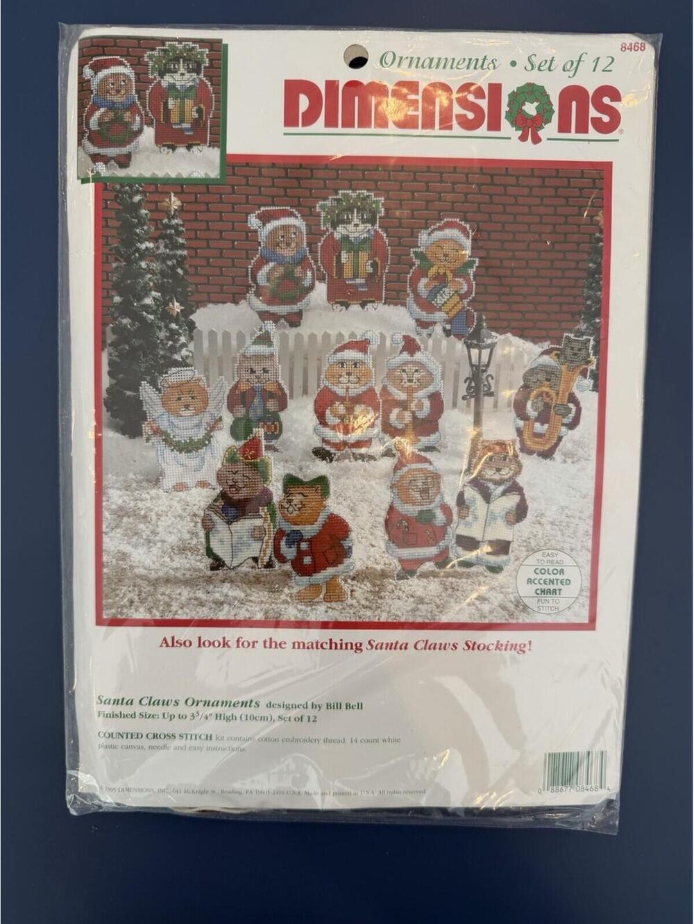 Vintage 1995 Dimensions Set Of 12 Cross Stitch Cat Ornaments New Sealed